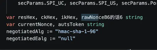 secParams.SPI_UC, secParams.SPI_US, secParams.Po
var resHex, ckHex, ikHex, rawNonceB6fJi%6 string
var currentNonce, autsToken string
negotiatedAlg := "hmac-sha-1-96"
negotiatedEalg := "null"