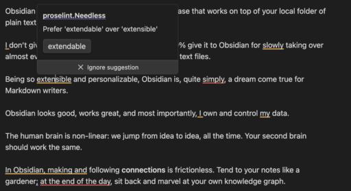 Screenshot of my Obsidian Writing Style plugin highlighting writing style problems in a note.