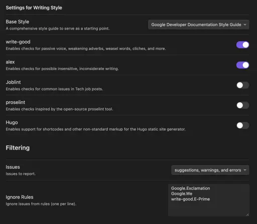 Screenshot of my Obsidian Writing Style plugin's settings page where style package can be enabled/disabled and rules can be ignored.