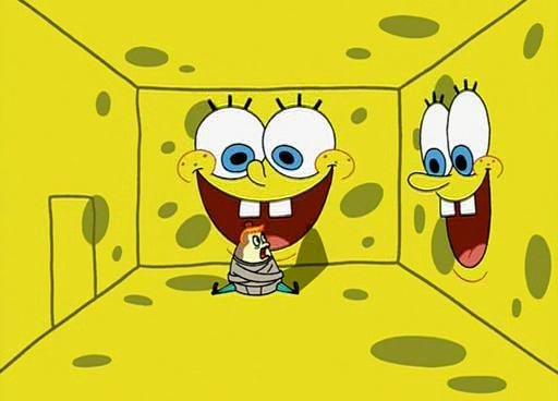 Mrs Puff in a harness in a cube room surrounded by SpongeBob Walls.

Credits: Spongebob Squarepants S3 E01